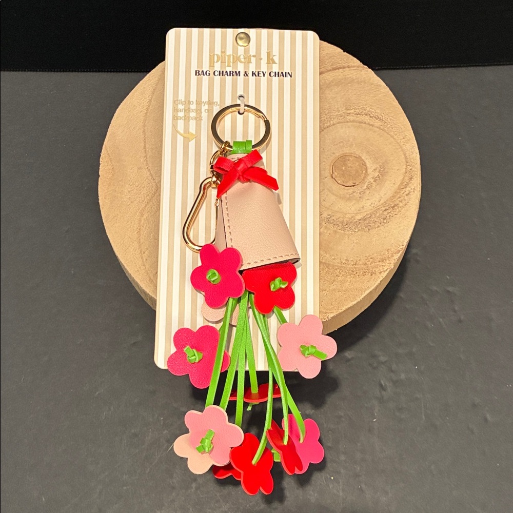Piper K Pink Floral Tassel Keychain with Red & Green Accents